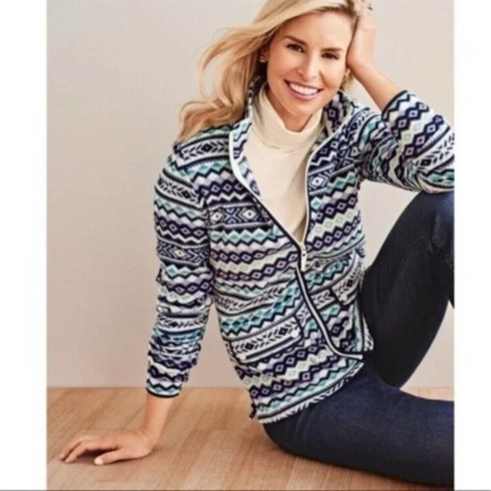 Talbots Fair Isle Print Plush Fleece Zip Up Jacket Medium Happy Gorpcore Bright